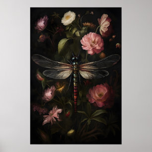 Dunkle Akademie Libellen-Druck, Vintage-Blume Poster