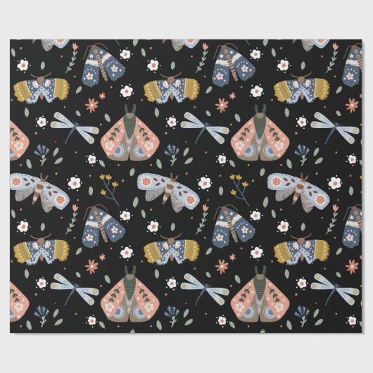 Dunkle Akademie Moth Floral in Schwarz Geschenkpapier (Flach)