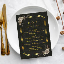 Dunkle Akademische Gothic Elegante Hochzeitsmenü Menükarte