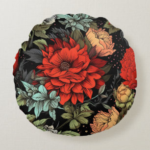 Dunkle Akademische Maximalist-Rot-Dahlie-Blumen Rundes Kissen