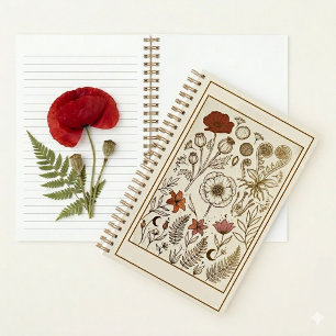 Dunkle Akademische Vintage-Botanische Mohnfarne Notizblock