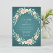 Dunkle Aqua-Blumenhochzeit Einladung (Stehend Vorderseite)