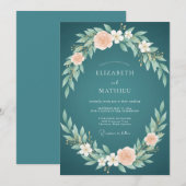 Dunkle Aqua-Blumenhochzeit Einladung (Vorne/Hinten)
