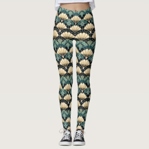 Dunkle Aquamarine Art Deco Scalloped Lüfter Gemust Leggings