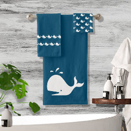 Dunkle Aquamarine Cartoon Whale Nautical Costal Badhandtuch Set