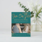 Dunkle Aquamarine FOTO Imitate Rose Gold Foil Typo Save The Date (Stehend Vorderseite)