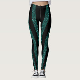 Dunkle Aquamarine Glitzer Schwarze Streifen Leggings