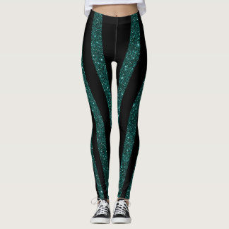 Dunkle Aquamarine Glitzer Schwarze Streifen Leggings