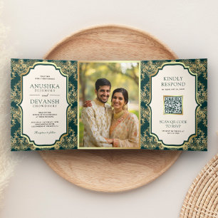 Dunkle Aquamarine Gold Lace QR Code Foto Indian We Dreifach Gefaltete Einladung