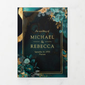 Dunkle Aquamarine Goldflorentafel QR Code Hochzeit Dreifach Gefaltete Einladung (Cover)