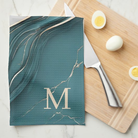 Dunkle, Aquamarine Goldmarmor aus elegantem Monogr Geschirrtuch (Viertel Falte)
