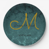 Dunkle Aquamarine Goldschwarz-Elegant-Hochzeitsmon Pappteller (Vorderseite)