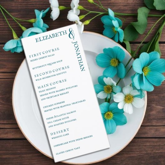 Dunkle Aquamarine moderne Typografie Hochzeit Menükarte