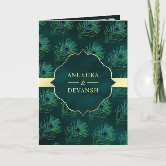 Dunkle Aquamarine Peacock Feathers QR Code Wedding Einladung (Vorderseite)