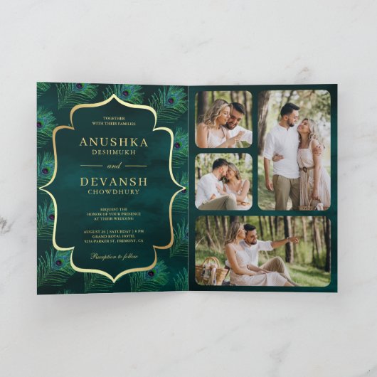 Dunkle Aquamarine Peacock Feathers QR Code Wedding Einladung (Innenseite)