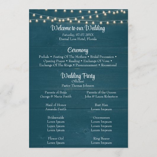 Dunkle Aquamarine Rustikal-Holzstring-Light-Hochze Programm (Rückseite)