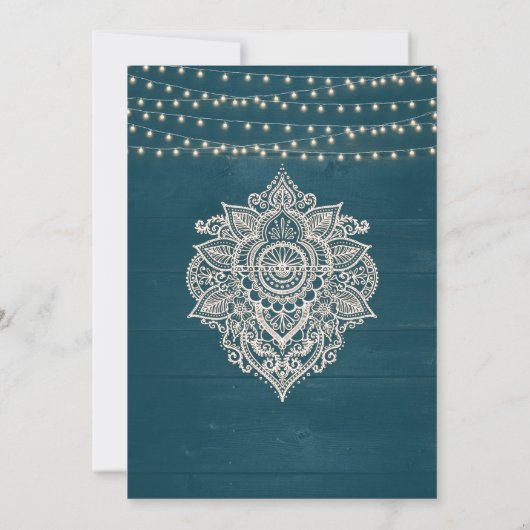 Dunkle Aquamarine rustikale String-Light-Save the Einladung (Rückseite)