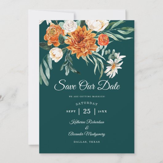 Dunkle Aquamarine Terracotta Herbstflora Foto Hoch Save The Date (Vorderseite)