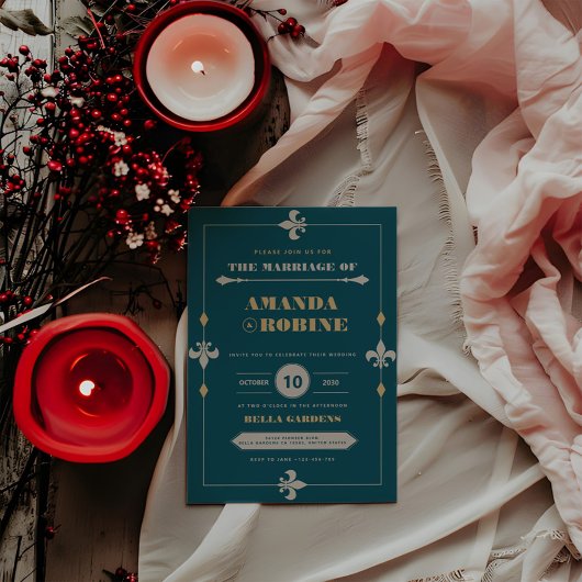 Dunkle Aquamarine und Vintage Hochzeit Einladung