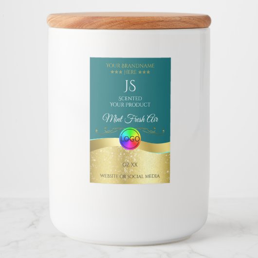 Dunkle Aquamarine Wavy Gold Logo Monogram Product Lebensmitteletikett (Vorderseite)