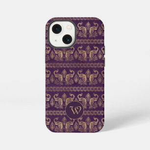 Dunkle Aubergine Goldene Vintage-Pfauen mit Monog iPhone 13 Mini Hülle