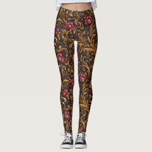 Dunkle barocke Blumen mit goldenen Schnörkeln Leggings