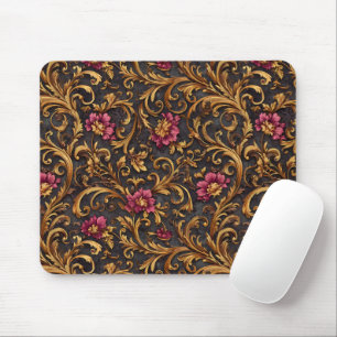 Dunkle barocke Blumen mit goldenen Schnörkeln Mousepad