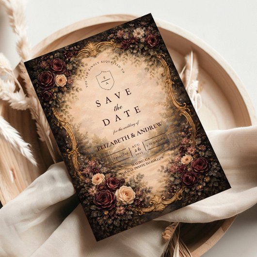 Dunkle barocke Blumenhochzeit Save The Date