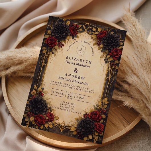 Dunkle Barockrote Florale Hochzeit Einladung