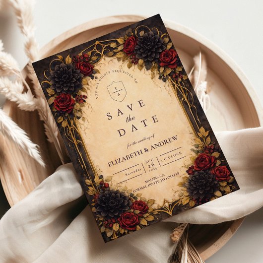Dunkle Barockrote Florale Hochzeit Save The Date