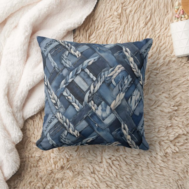 Dunkle, bedrängte Denim- Patchwork- und Flechtarbe Kissen (Decke)
