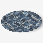 Dunkle bedrängte Denim-Patchwork- und Flechtarbeit Pappteller (Schrägansicht)
