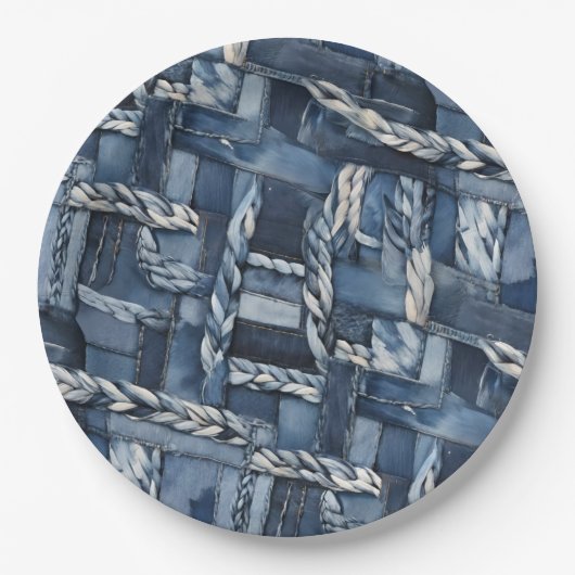 Dunkle bedrängte Denim-Patchwork- und Flechtarbeit Pappteller (Vorderseite)