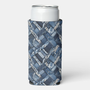 Dunkle bedrängte Denim-Patchwork- und Flechtarbeit Selters Dosenkühler