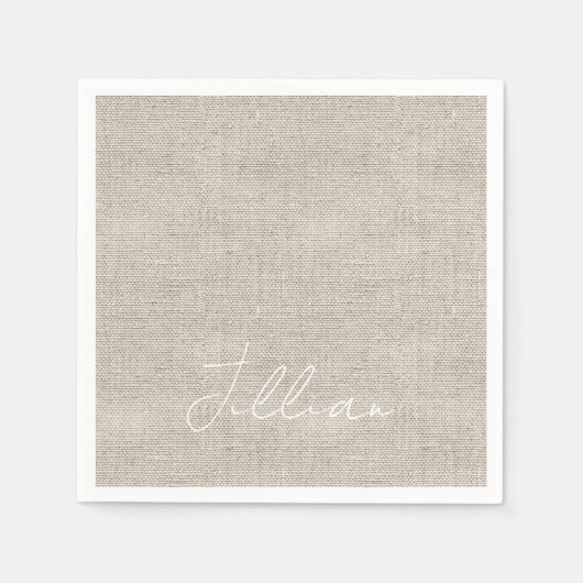 Dunkle Beige Linen Fabric White NAME Zeitlos Serviette (Vorderseite)