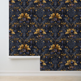 Dunkle blaue Berries Royal Damask Golden Blätter Tapete