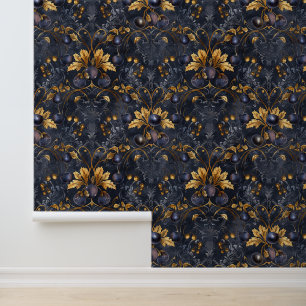 Dunkle blaue Berries Royal Damask Golden Blätter Tapete