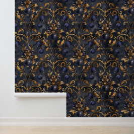 Dunkle blaue Berries Royal Damask Golden Blätter Tapete