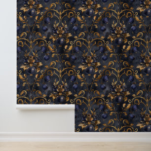 Dunkle blaue Berries Royal Damask Golden Blätter Tapete