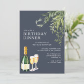 Dunkle Blaue Marine | Moderner Champagner Geburtst Einladung (Stehend Vorderseite)