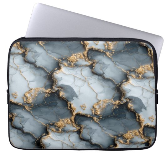 Dunkle Blaue Marmorstruktur mit flüssigen Goldader Laptopschutzhülle (Vorderseite)