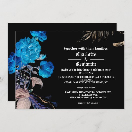 Dunkle blaue und goldene Rose Gothic Wedding Einladung (Vorne/Hinten)