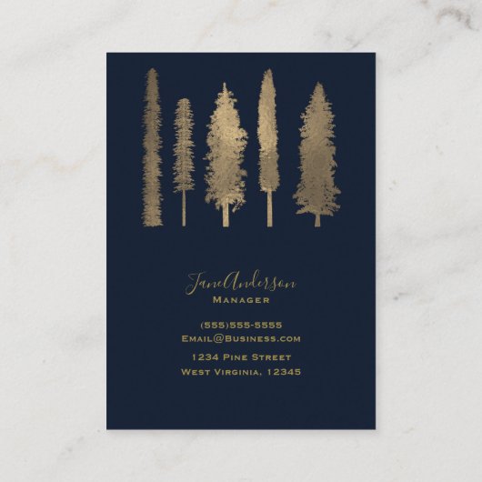 Dunkle blaue und goldfarbene Waldbaumen Rustikal Visitenkarte (Rückseite)