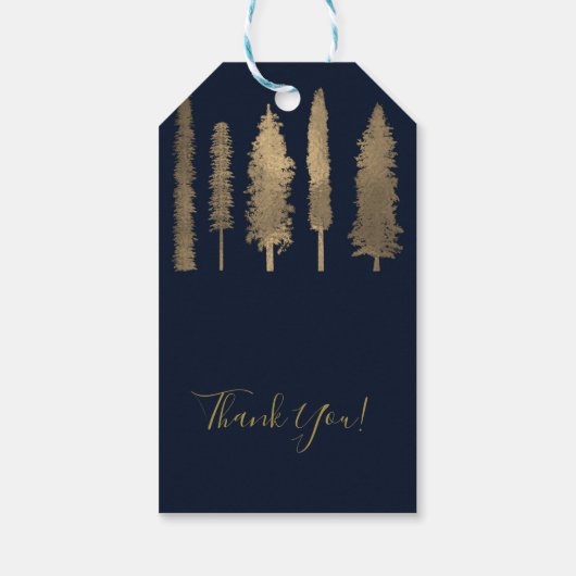 Dunkle blaue und goldfarbene Waldbaumen Rustikale Geschenkanhänger (Rückseite)