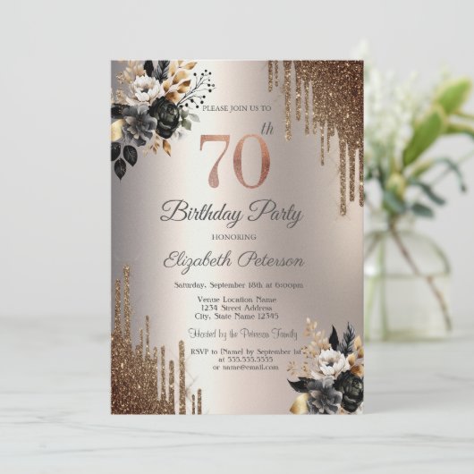 Dunkle Blume Glitzer Tropfen Elfenbeinküste 18. Einladung (Stehend Vorderseite)