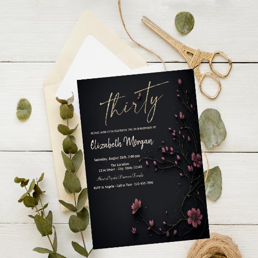 Dunkle Blume Gothic 30. Geburtstag Einladung