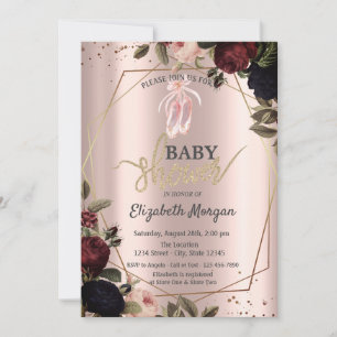 Dunkle Blumen Ballettschuhe Roségold Babyparty Einladung