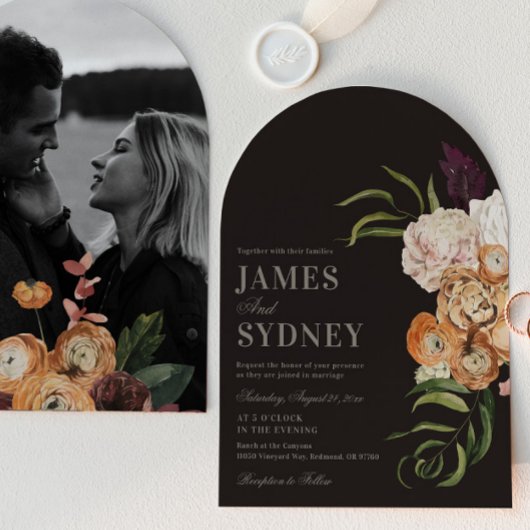Dunkle Blumenbogen-Foto-Hochzeitseinladung Einladung