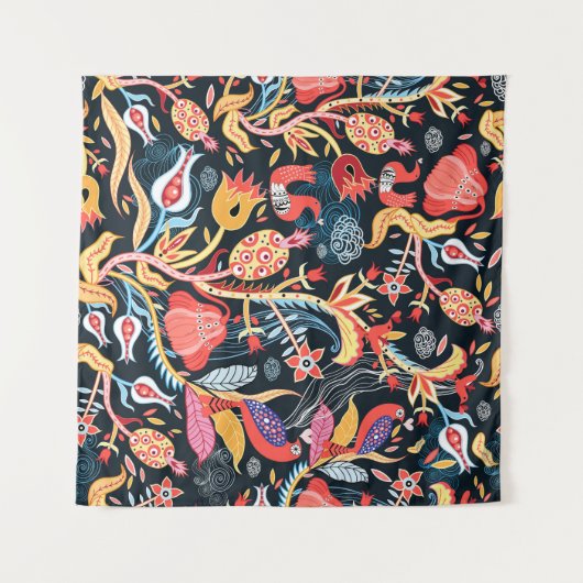 Dunkle Blumenvögel: Ziermuster. Wandteppich (Vorderseite (Horizontal))