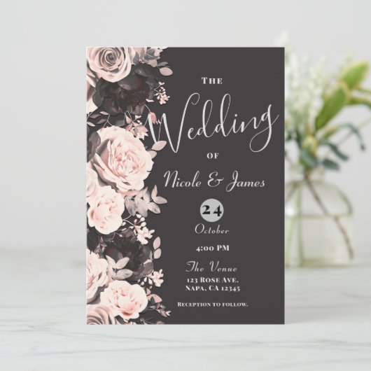 Dunkle Blütenröte Rosa Holzkohle Grau Schwarze Hoc Einladung (Stehend Vorderseite)